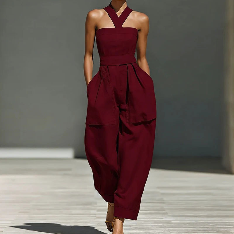 Hollow Patchwork Chic Halter Jumpsuit — Black | KIMLUD