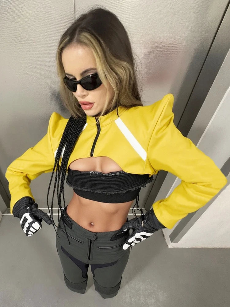 Nibber Leather Zipper Jacket Women Patchwork O-Neck Shoulder Pads Long Sleeve Midnight Moto Style Street Hipster Crop Coat