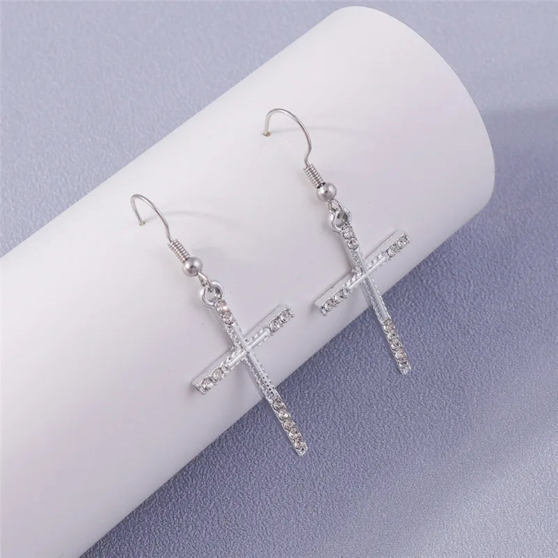 Silver-Tone Cross Earrings Zircon Crystal Dangle — Silver | KIMLUD