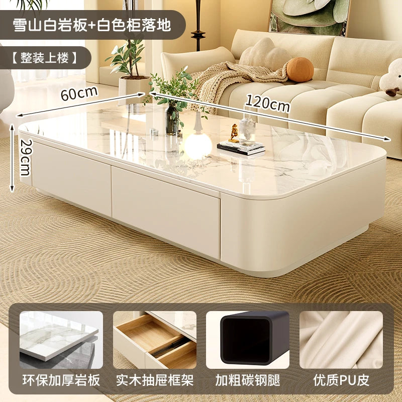 Rock-Slab Coffee Table With Wooden Frame — White | KIMLUD