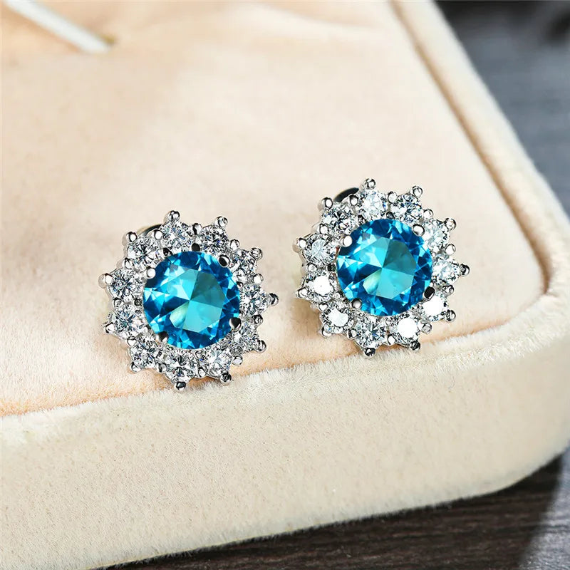 Copper Stud Earrings Round Cubic Zirconia — Water Blue | KIMLUD