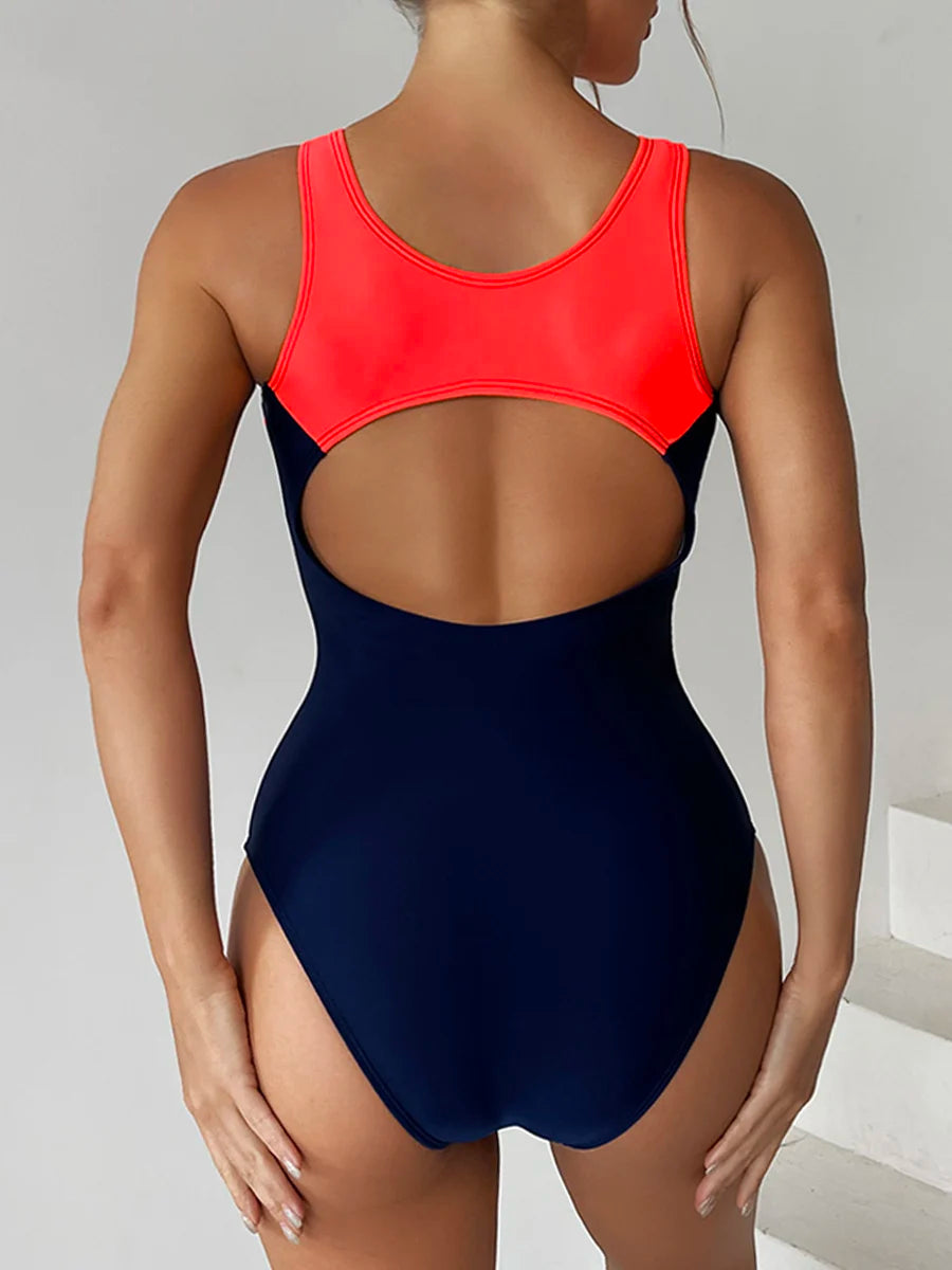 Vintage Polyamide One Piece Swimsuit Neon Coral Panels — Navy | KIMLUD