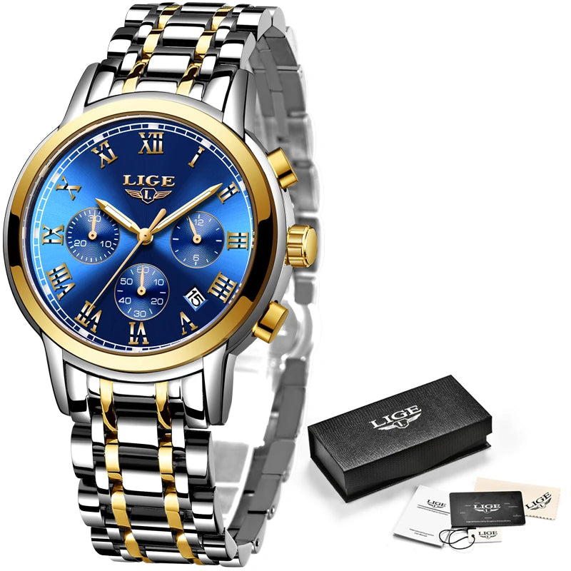 LIGE 2023 New Gold Watch Women Watches Ladies 30M Waterproof Steel Women's Bracelet Watches Female Clock Relogio Feminino+BOX