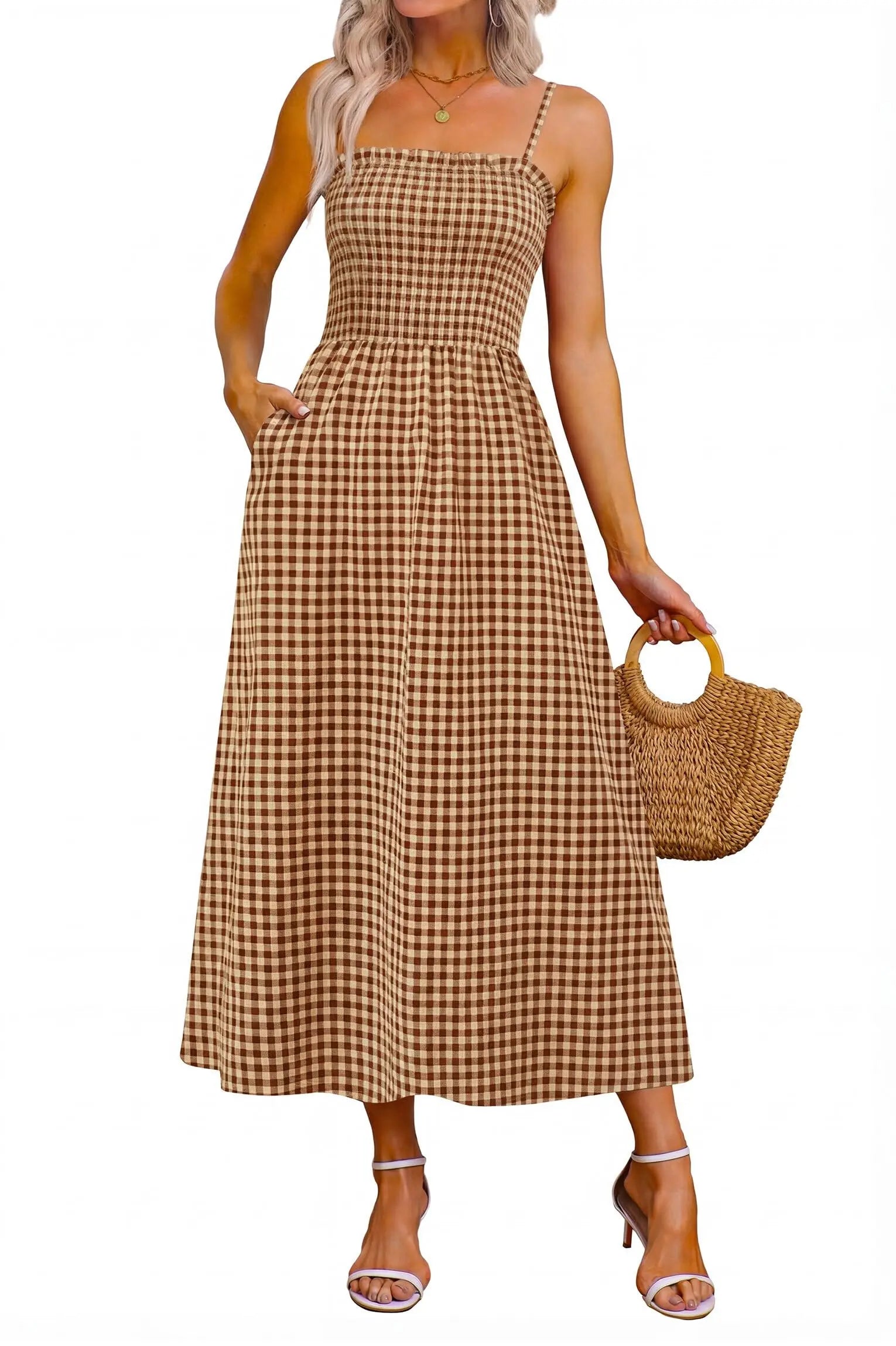 Spaghetti Strap Maxi Dress – Smocked Waist – Polyester Fiber | KIMLUD