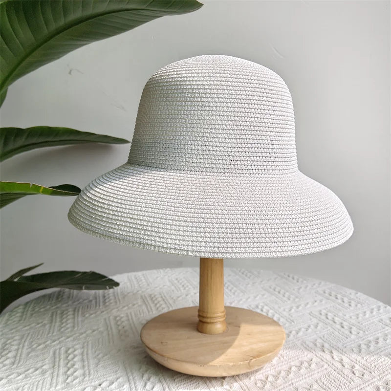 Straw Hepburn Sun Hat Wide Brim Foldable — Natural | KIMLUD