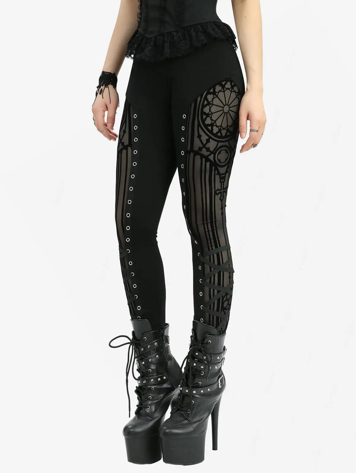 ROSEGAL Gothic Mesh Flocking Patchwork Lace-Up Skinny Pants For Women High Waist Trousers Black Leggings
