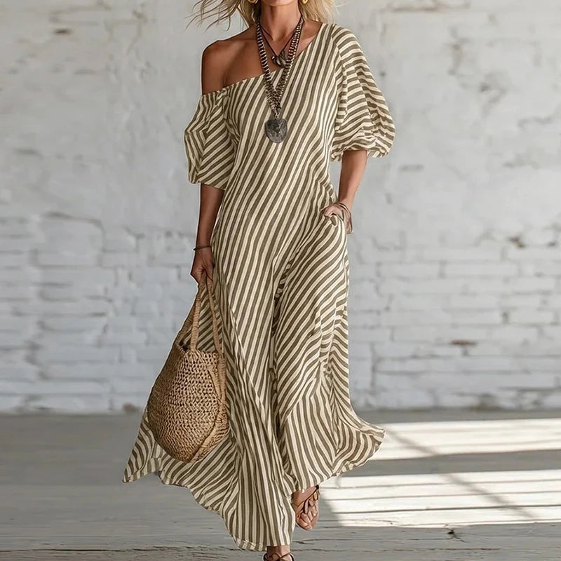 Polyester Patchwork Striped Maxi Dress — Black | KIMLUD