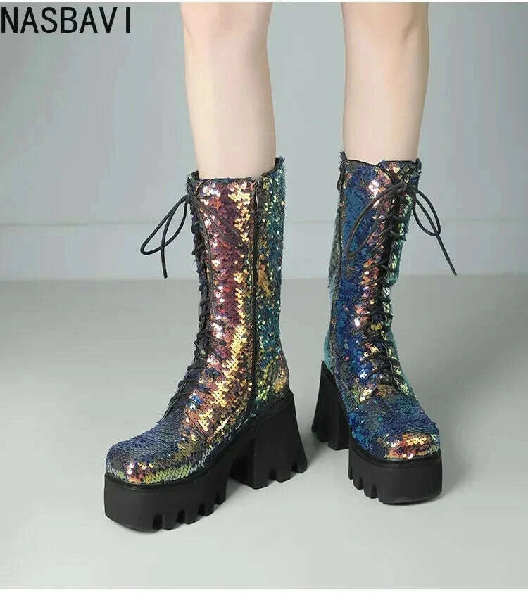 KIMLUD, NASBAVI Sequins Cloth Bling Shiny Green Fish Scale Pattern Lace-up Punk Goth Women Winter Shoes Chunky Heels Mid-calf Boots 43, KIMLUD Womens Clothes