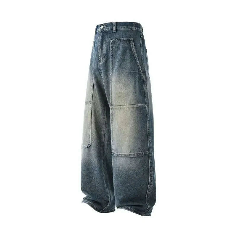 KIMLUD, Men's Jeans Spring And Autumn Fashion Straight Tube Loose Washed Casual American Retro Original Color Wide Rivet Logging Pants, KIMLUD Womens Clothes