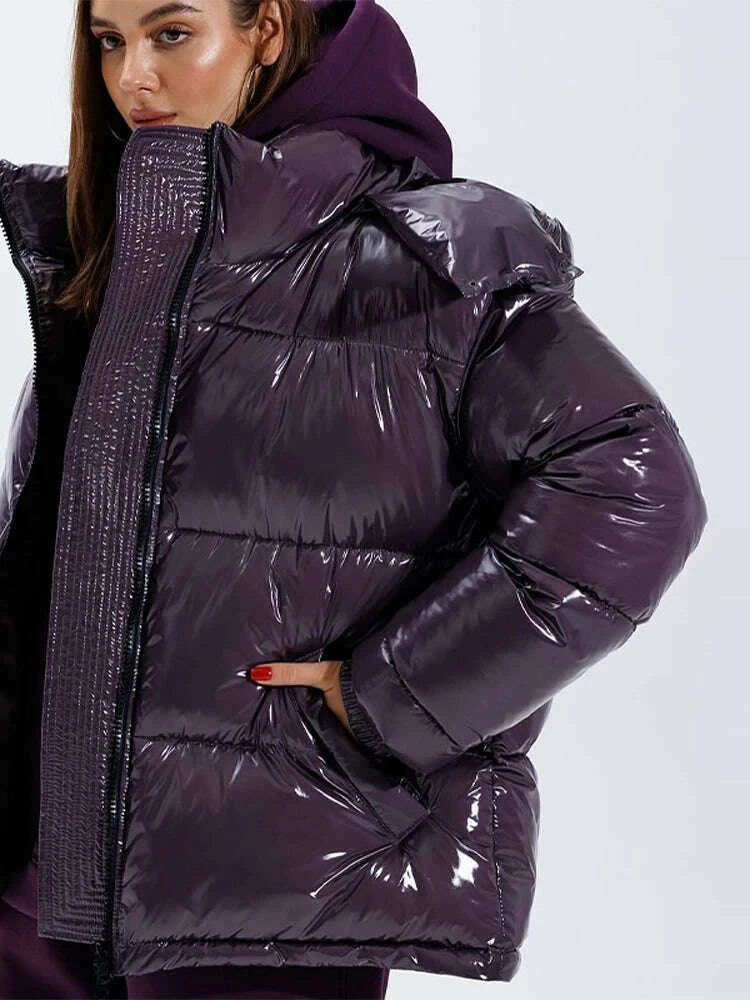 KIMLUD, Chic Glossy Women's Thicken Cotton Coats Hooded Solid Loose Zippers Warm Lady Coat 2025 Winter Casual Female Street Jackets, KIMLUD Womens Clothes