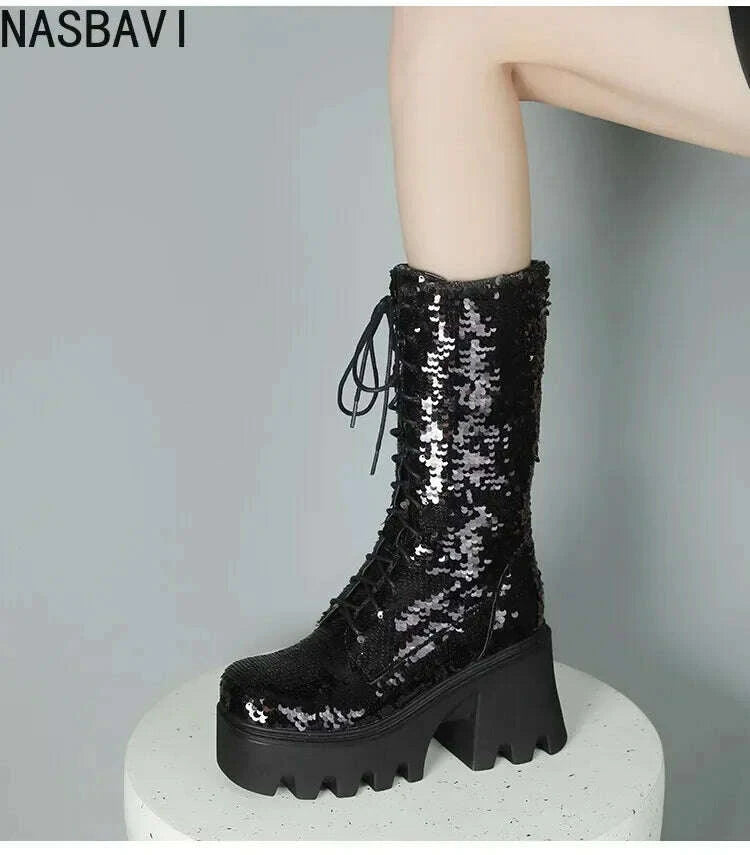 KIMLUD, NASBAVI Sequins Cloth Bling Shiny Green Fish Scale Pattern Lace-up Punk Goth Women Winter Shoes Chunky Heels Mid-calf Boots 43, KIMLUD Womens Clothes