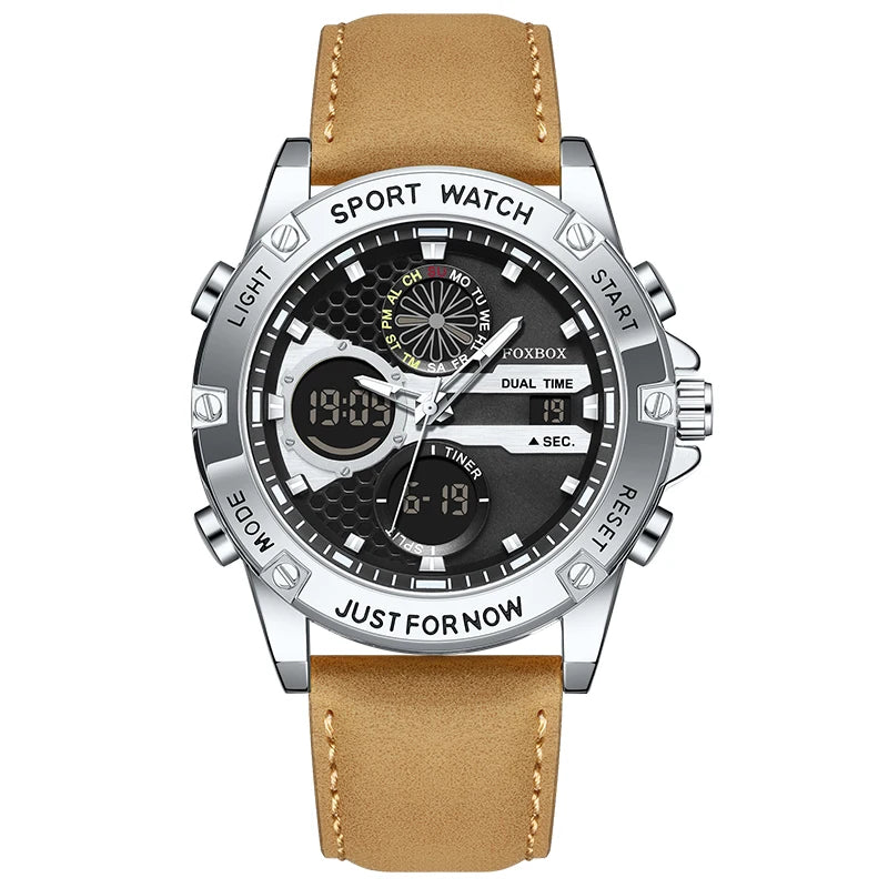 LIGE New Electronic Watches for Men Leather Men Military Sport Waterproof Dual Display Watch Quartz WristWatch Chronograph Clock