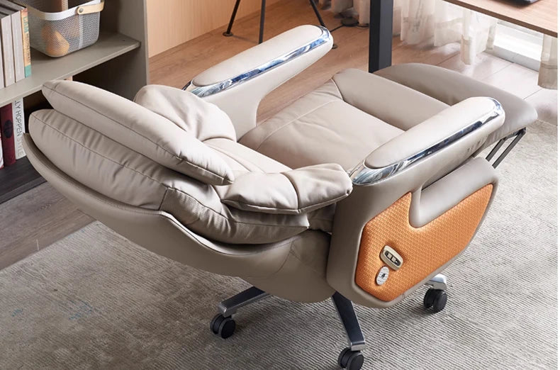 Leather Massaging Executive Office Chair — Beige | KIMLUD
