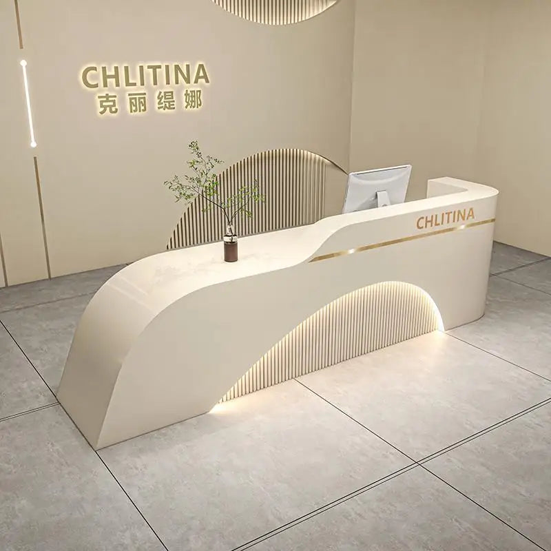 Simple Modern Front Reception Desk Curved Silhouette — White | KIMLUD