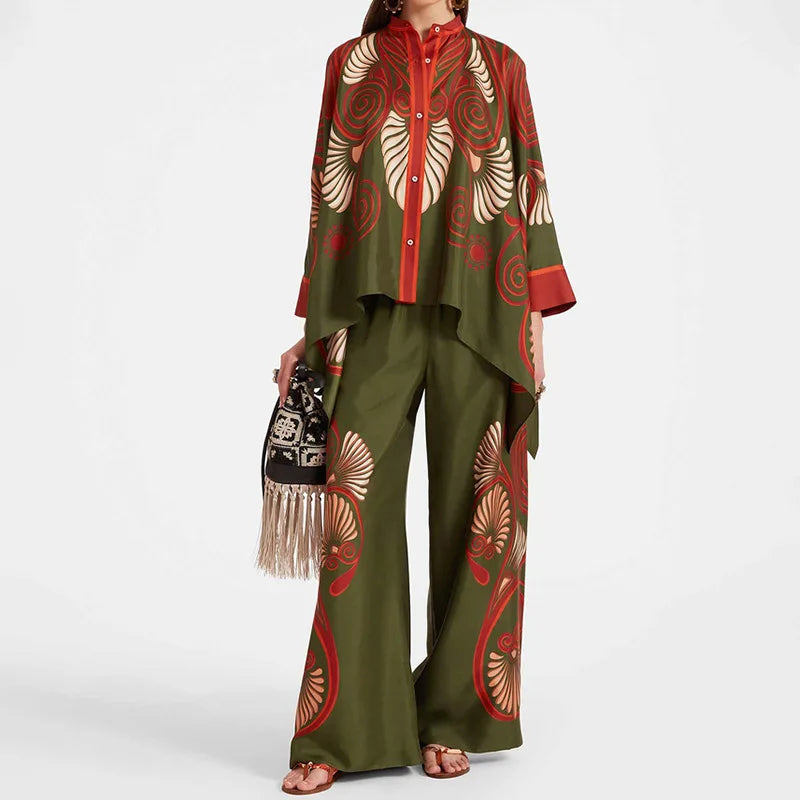 Two Piece Set – Irregular Geometric Print – Wide Leg – | KIMLUD