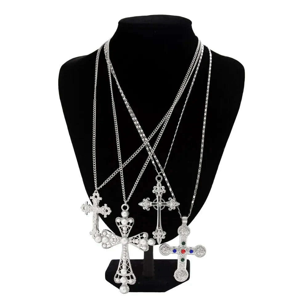 KIMLUD, Geometric Ethnic Style Men Necklace Silver Pearl Cross Pendant Necklace Jewelry Accessories Golden Rhinestone Necklace Women, KIMLUD Womens Clothes