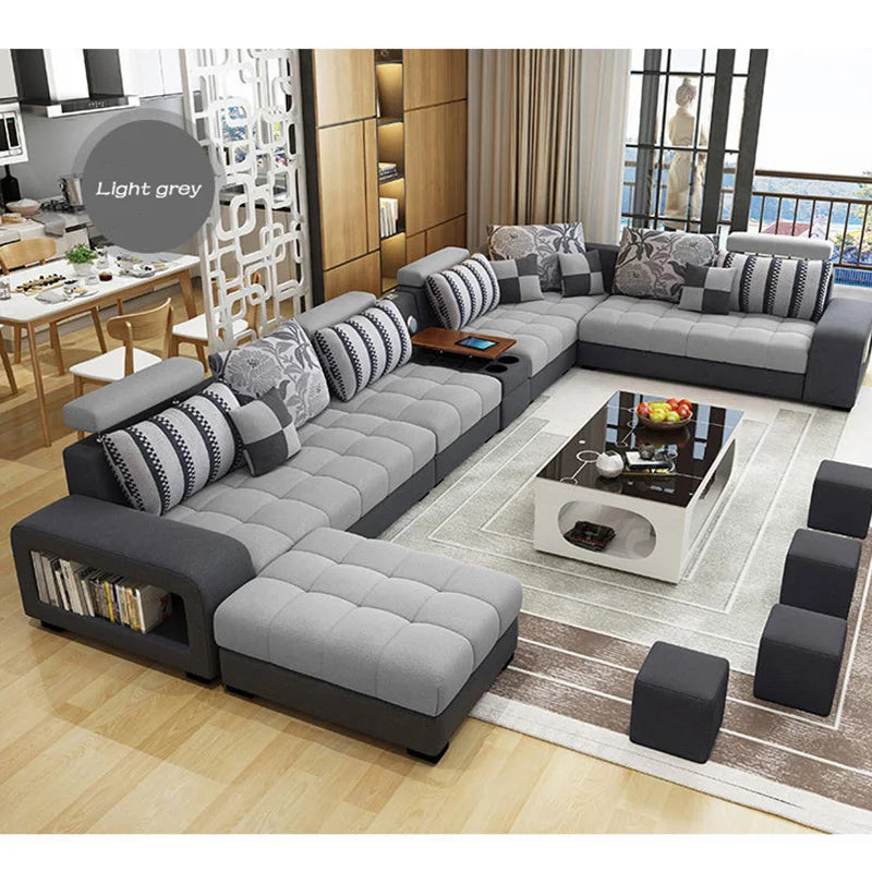 Wooden L-Shaped Sofa Set Light Luxury With Tufted Cushions And Integrated Arm Shelf — Ivory | KIMLUD