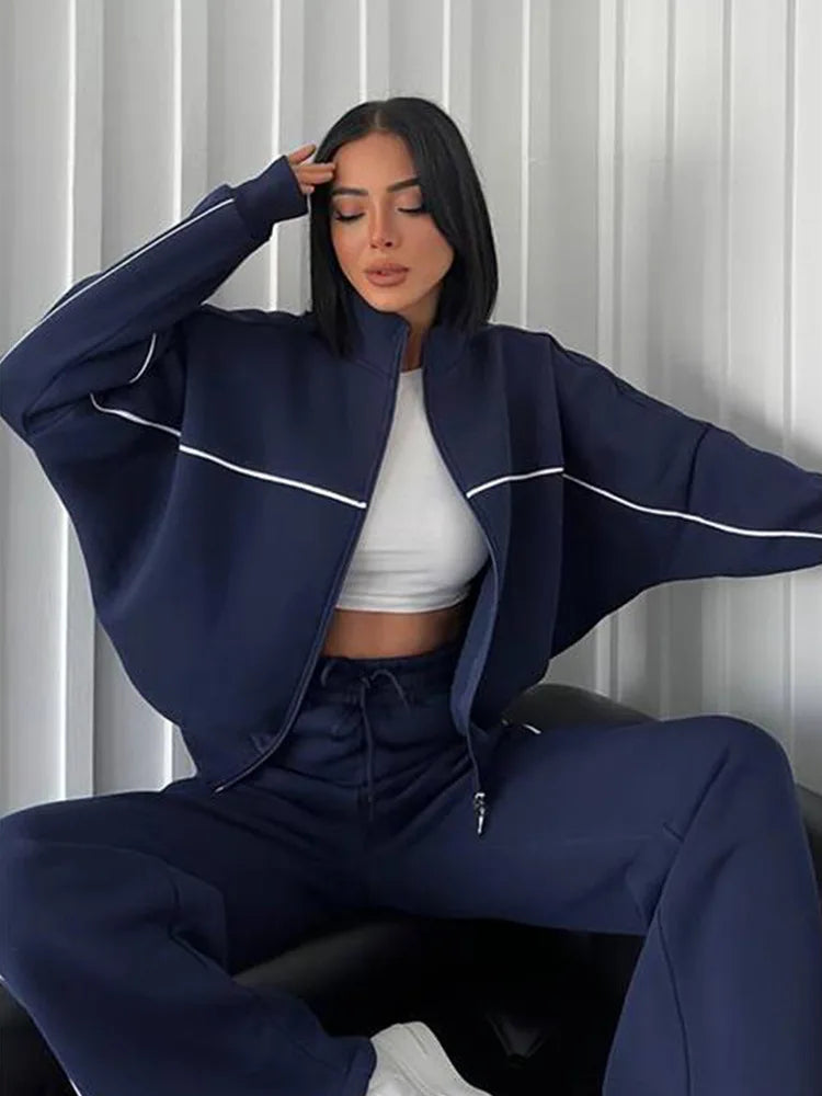 Two-Piece Tracksuit Cardigan Sweater And Trousers — Navy | KIMLUD