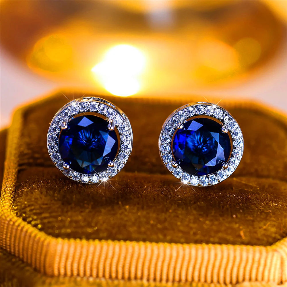 Crystal Stud Earrings Round — Purple Blue Green | KIMLUD