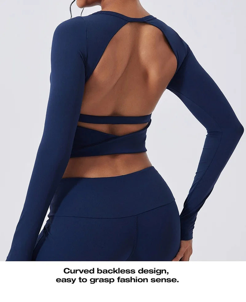 Cloud Hide Yoga Shirt Sexy Back Long Sleeve — Gray | KIMLUD