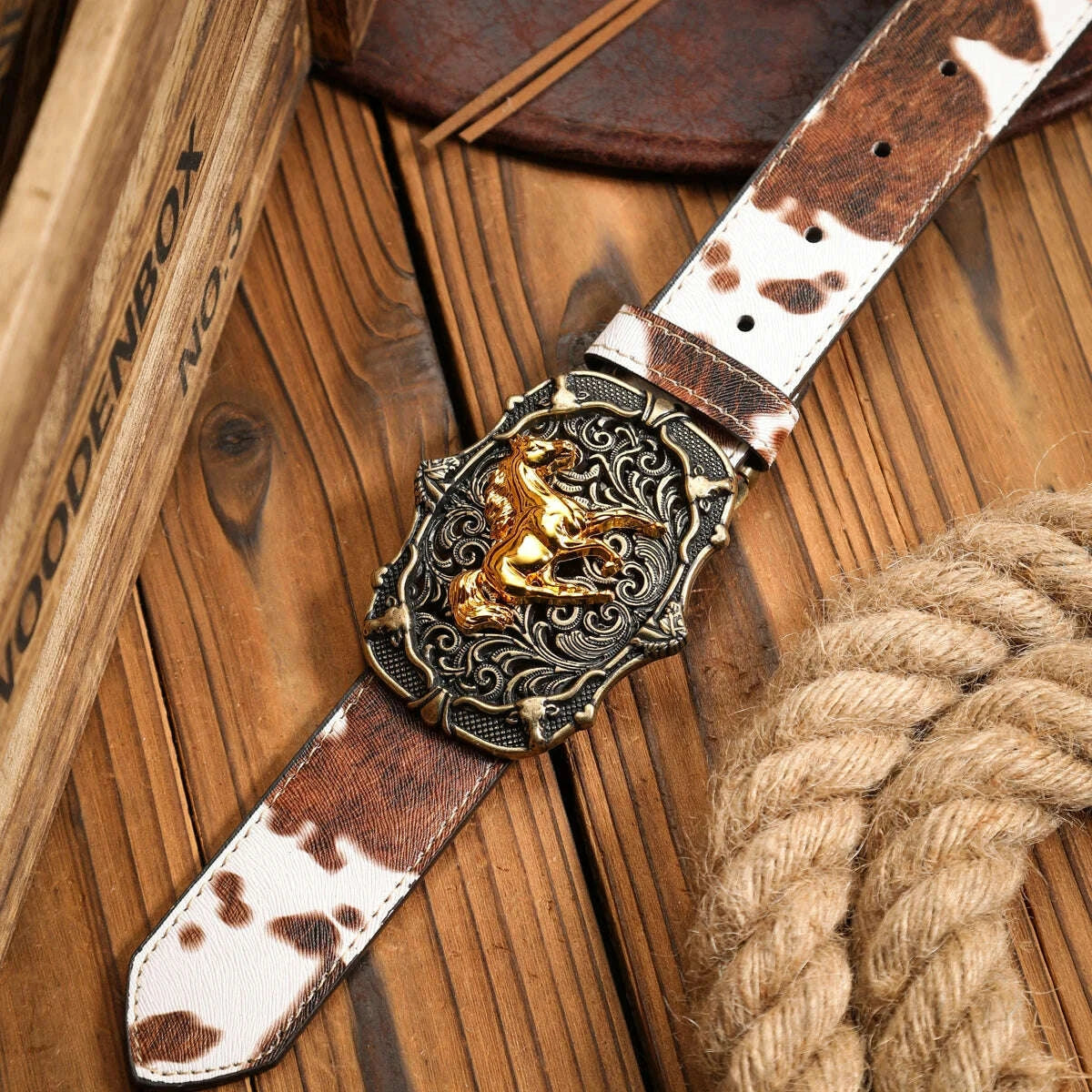 KIMLUD, A unisex Western-style, individualistic and retro belt, a brown (random pattern) PU belt (with perforated nails), KIMLUD Womens Clothes