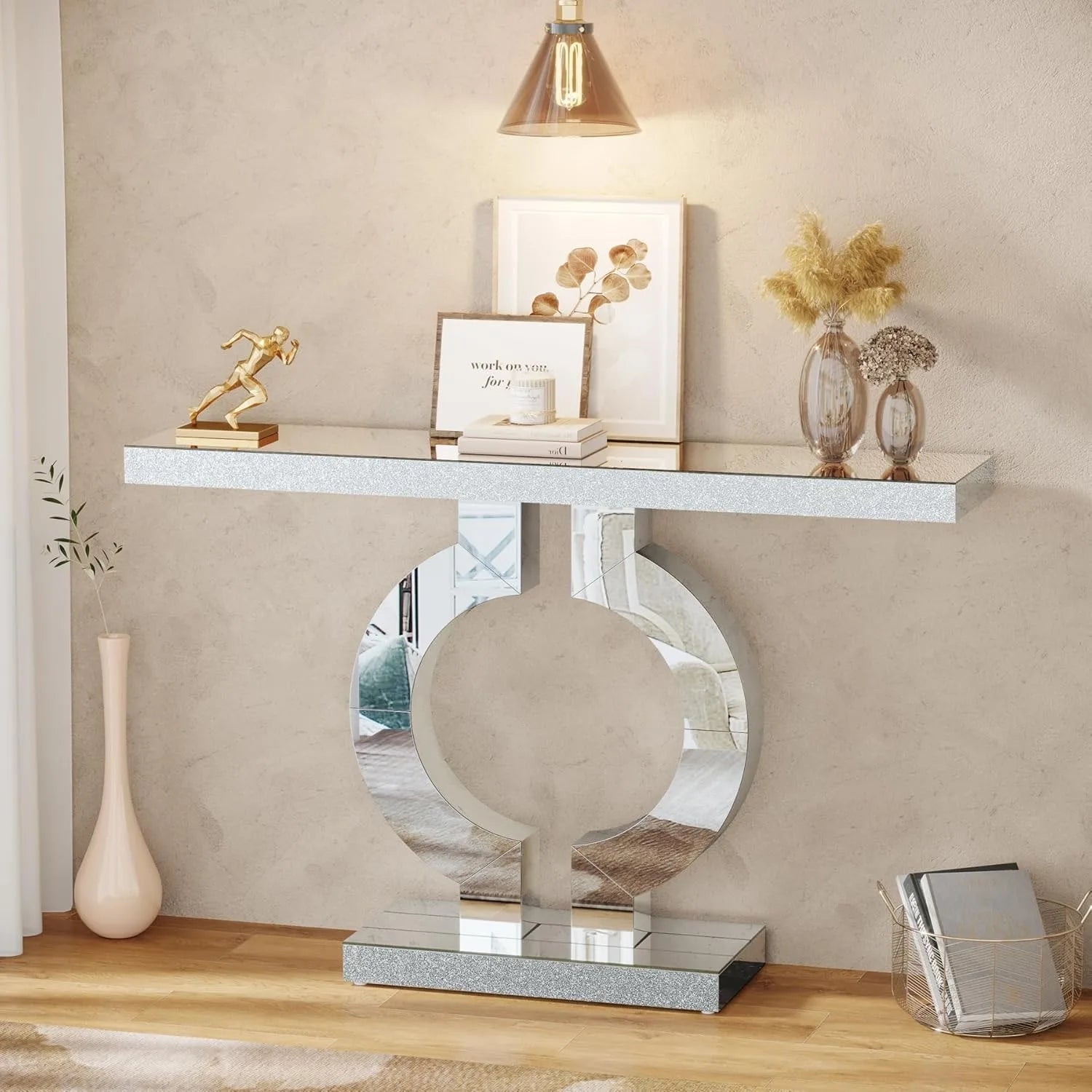 Mirrored Console Table with O-Shaped Base, Entryway Table Glass Sofa Table with Mirror Finish, Rectangle Accent Foyer Table