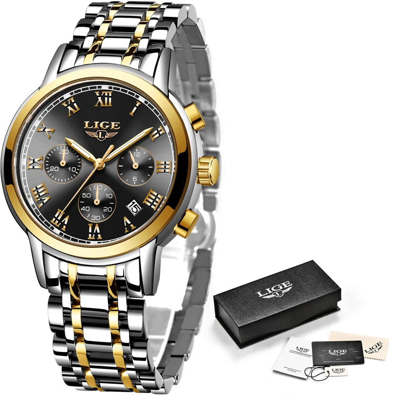 LIGE 2023 New Gold Watch Women Watches Ladies 30M Waterproof Steel Women's Bracelet Watches Female Clock Relogio Feminino+BOX