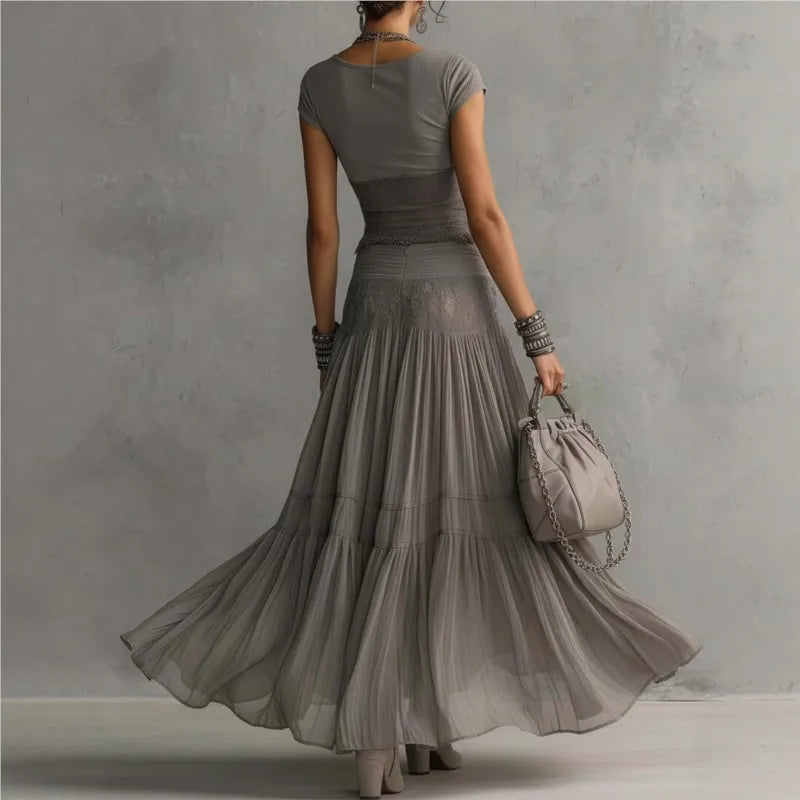Lace-Spliced Maxi Two-Piece Set Slim-Fit Top And High-Waisted Skirt — Slate Gray | KIMLUD