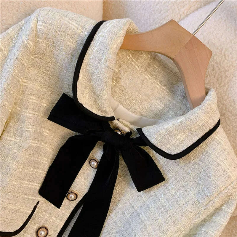 KIMLUD, Vintage Women Tweed White Suit Jacket Coat Top And Skirt Elegant Two Piece Set Outfit 2023 Winter Jacquard Fashion Cloth, KIMLUD Womens Clothes