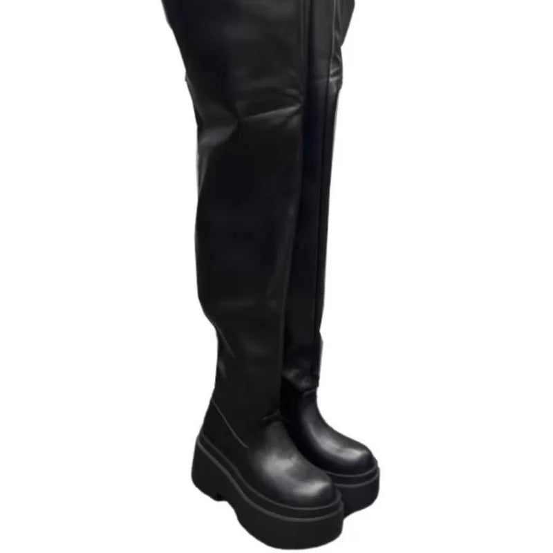 Women Platform Knee High Boots Fashion Pleated Round Toe Square Heel Leather Boots Black Party Dress Women Shoes Large Size35-40