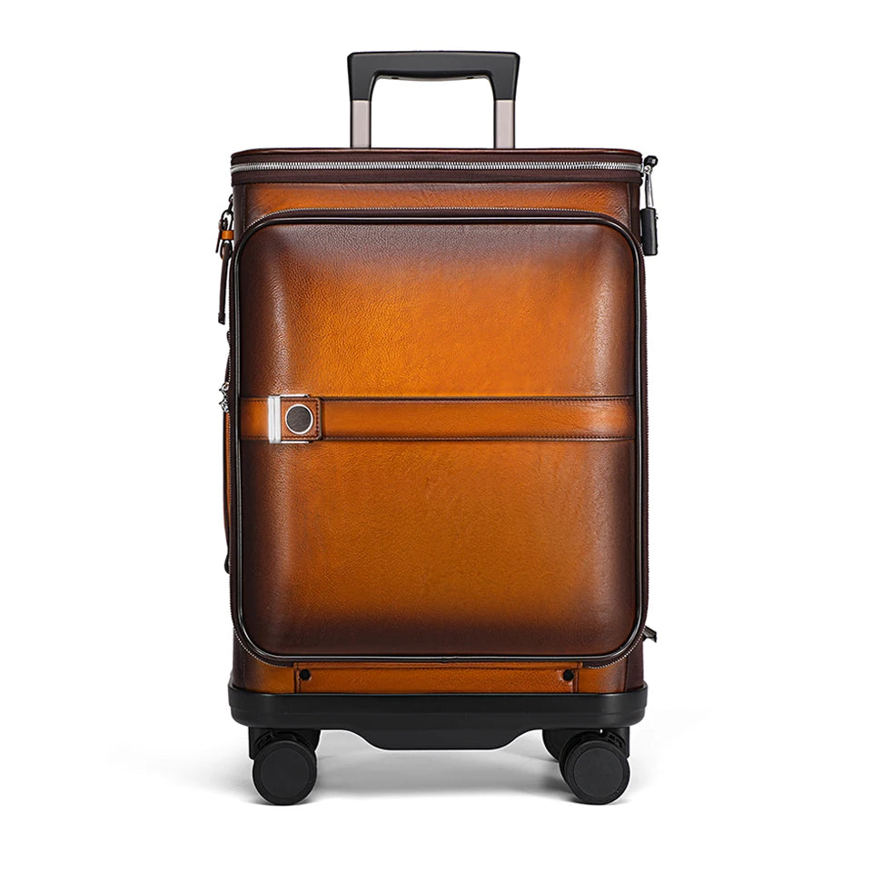 Cowhide Leather Suitcases Hard Shell — Black | KIMLUD