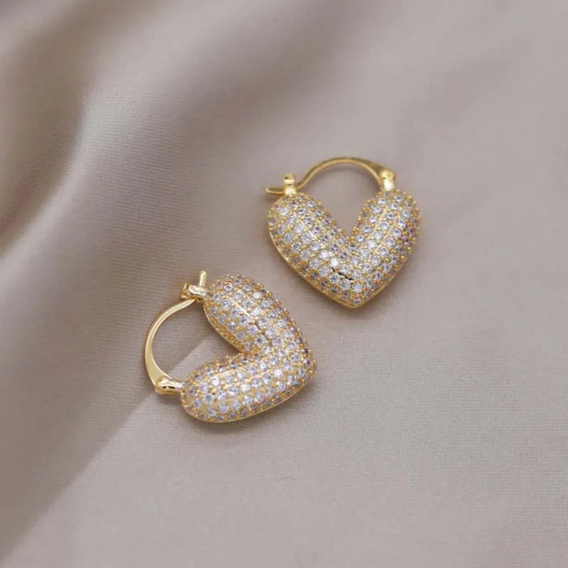 Gold-Tone Zircon Hoop Earrings Heartbeat Motif With Brilliant Crystals — Gold | KIMLUD