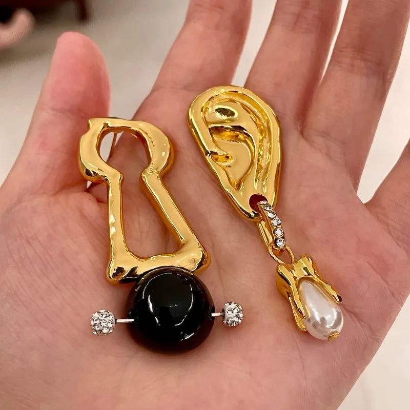 Asymmetrical Earrings Hollow Out Simulated Pearl — Pearl White | KIMLUD