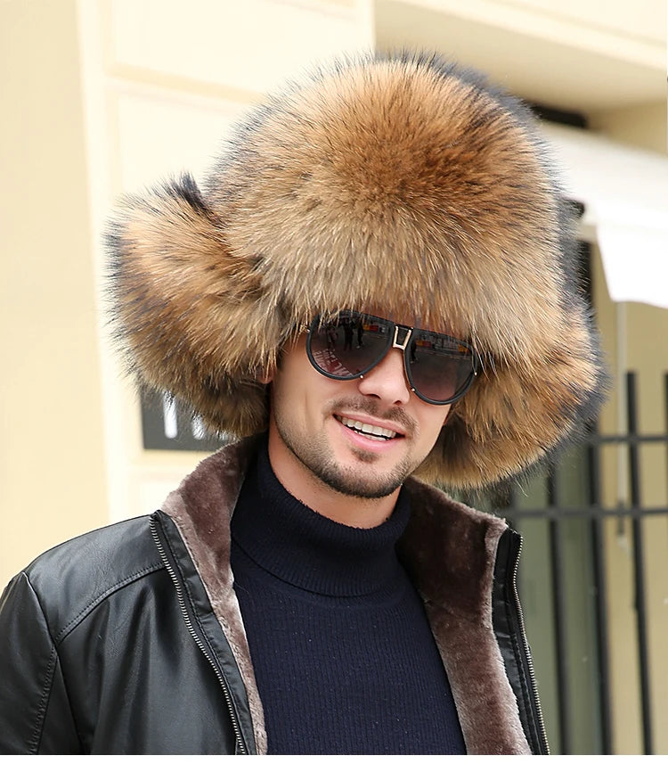 2025 Winter 100% Real Silver Fox Fur Bomber Hat Raccoon Fur Ushanka Cap Trapper Russian Men's Ski Hats Caps