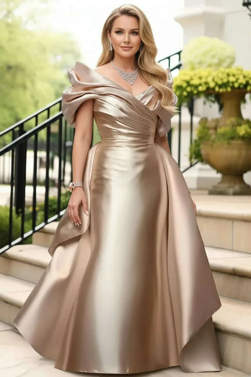 Off Shoulder Puff Sleeve Plus Size Satin Evening Dress for Women's Sol Off Shoulder Puff Sleeve Plus Size Satin Evening Dress for Women's Sol