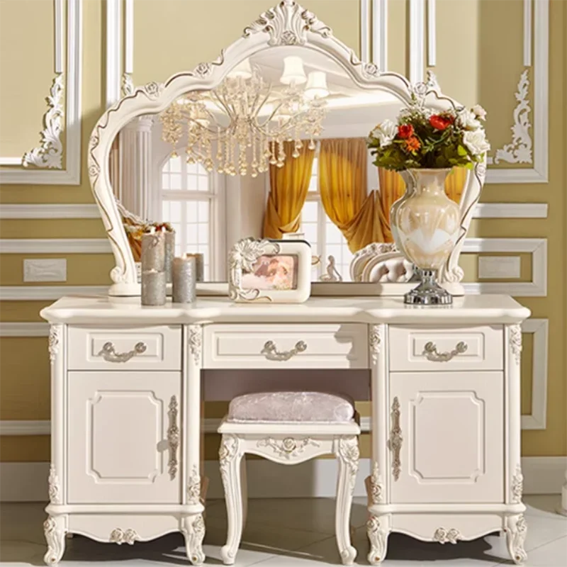 Wooden European Luxury Vanity Table With Arch Mirror — White | KIMLUD