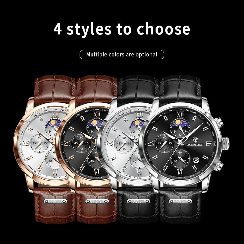 Leather Chronograph Military Watch 40–44mm Dial, Luminous Hands, 3 Bar Water Resistant — Black | KIMLUD