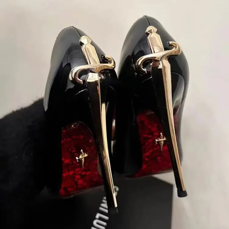 2026 Early New High Heels Women's Fine Heels Pointed Metal Swords Sexy Queen Black Lacquer Leather Single Shoes