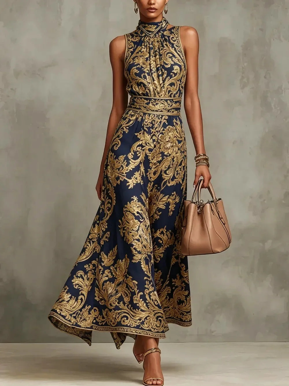 Maxi Dress – Baroque Print Halter Neck – Polyester A-Line | KIMLUD