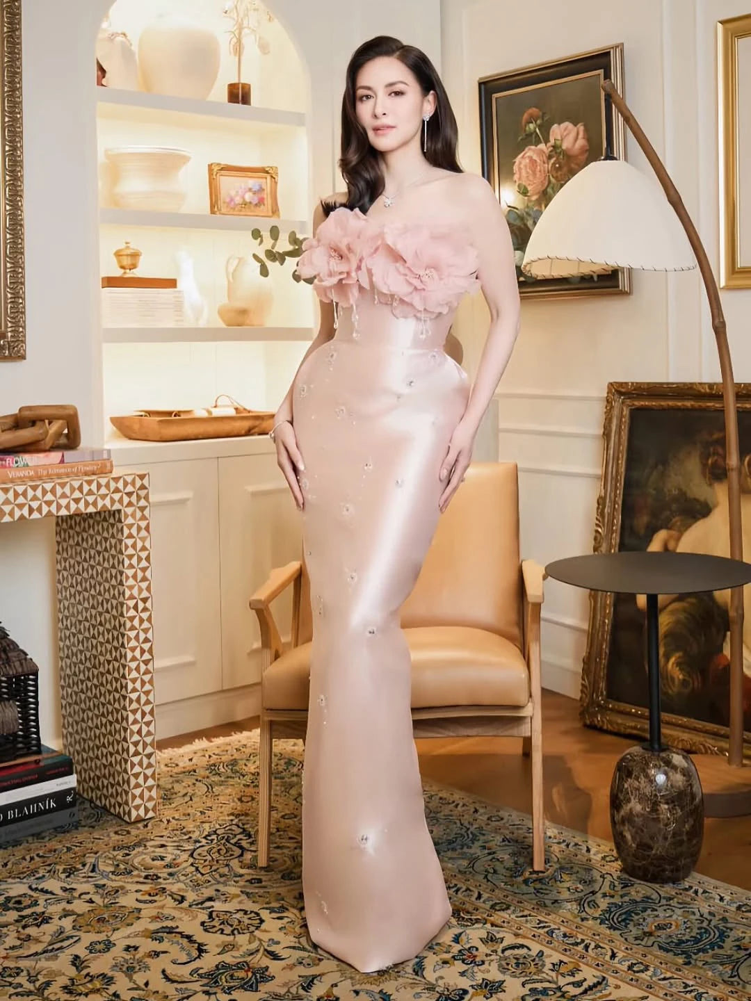 Prom Gown – Strapless Beaded Crystal Satin Maxi Dress – Blush | KIMLUD