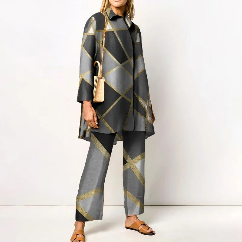 Two-Piece Set – Printed Autumn Vintage – Broadcloth – Wide-Leg Pants | KIMLUD