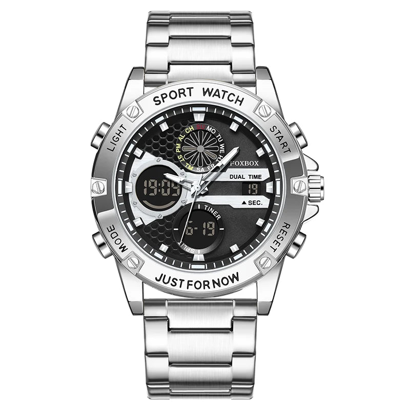 FOXBOX Fashion Men's Luxury Watch Leather Strap Quartz Watches Business Dual Display Waterproof Date Chronograph Man Watch+Box