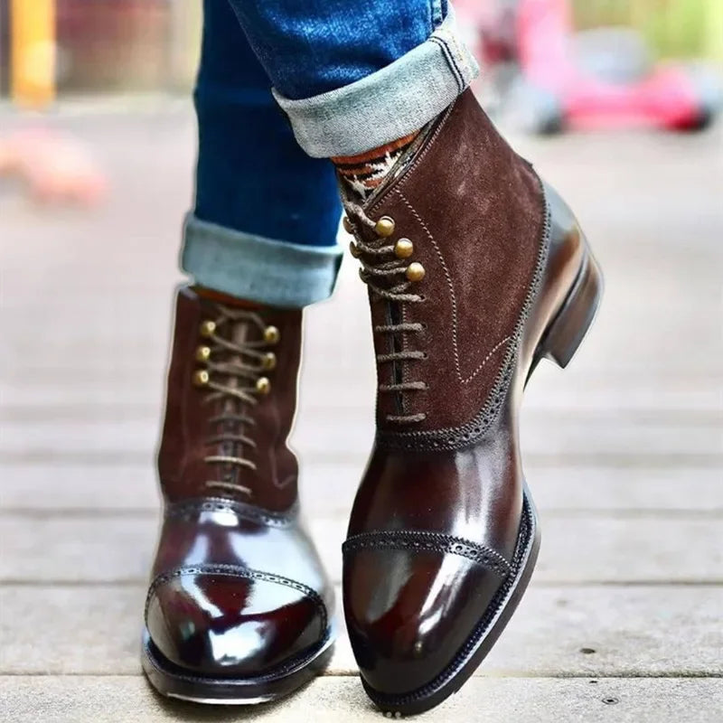 Large size:38-46 Men Short Boots Brown Bullock Flock Lace-up Square Toe Handmade Business Ankle Shoes for Men