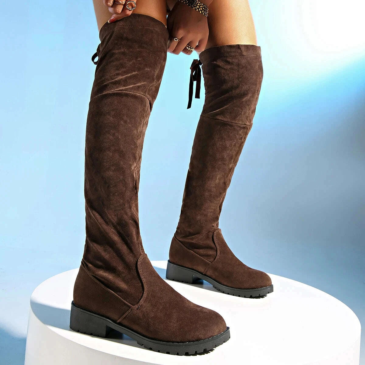 KIMLUD, 2024 New Women Boots Winter brown Over The Knee Boots Comfort Lace Up Chunky High Heels Shoes Fashion Warm Suede Round Toe Boots, KIMLUD Womens Clothes