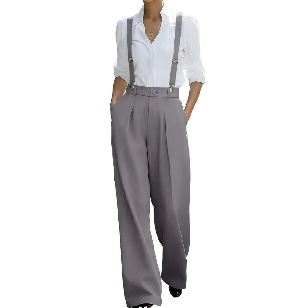 Wide Leg Suspender Trousers With Detachable Gray Straps — Black | KIMLUD