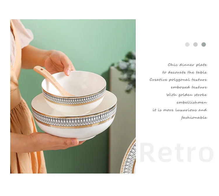 Ceramic Dinner Plates Golden Bead Trim — White | KIMLUD