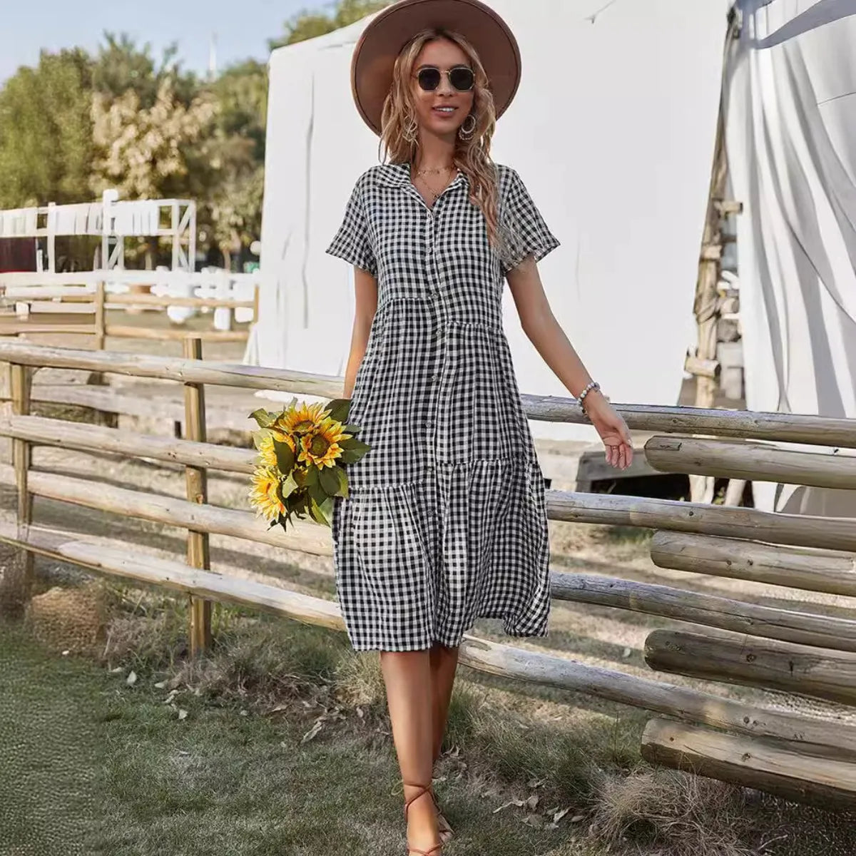 2026 Women's Checkered Short-Sleeve Shirtdress Single-breasted Button-down Short-sleeved Dress Casual Country-style Long Dress