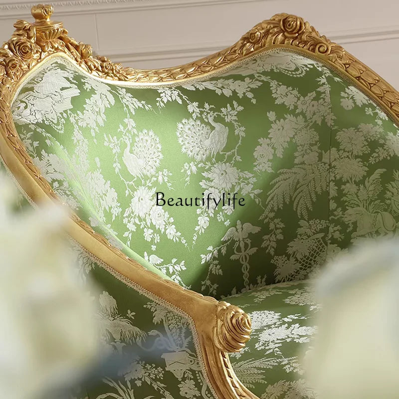 *French retro solid wood carving flower sofa chair European villa living room fabric leisure chair