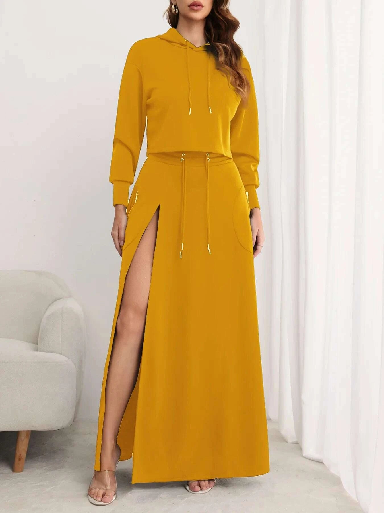 KIMLUD, CM.YAYA Fashion Women's Set Long Sleeve Hooded Sweatshirt and High Side Split A-line Maxi Skirt Suit 2024 Two 2 Piece Set Outfit, KIMLUD Womens Clothes
