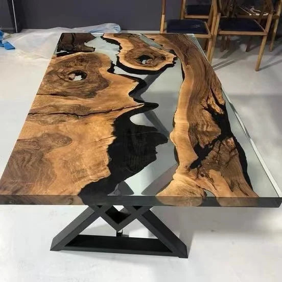 Walnut Solid River Epoxy Dining Table — Walnut | KIMLUD